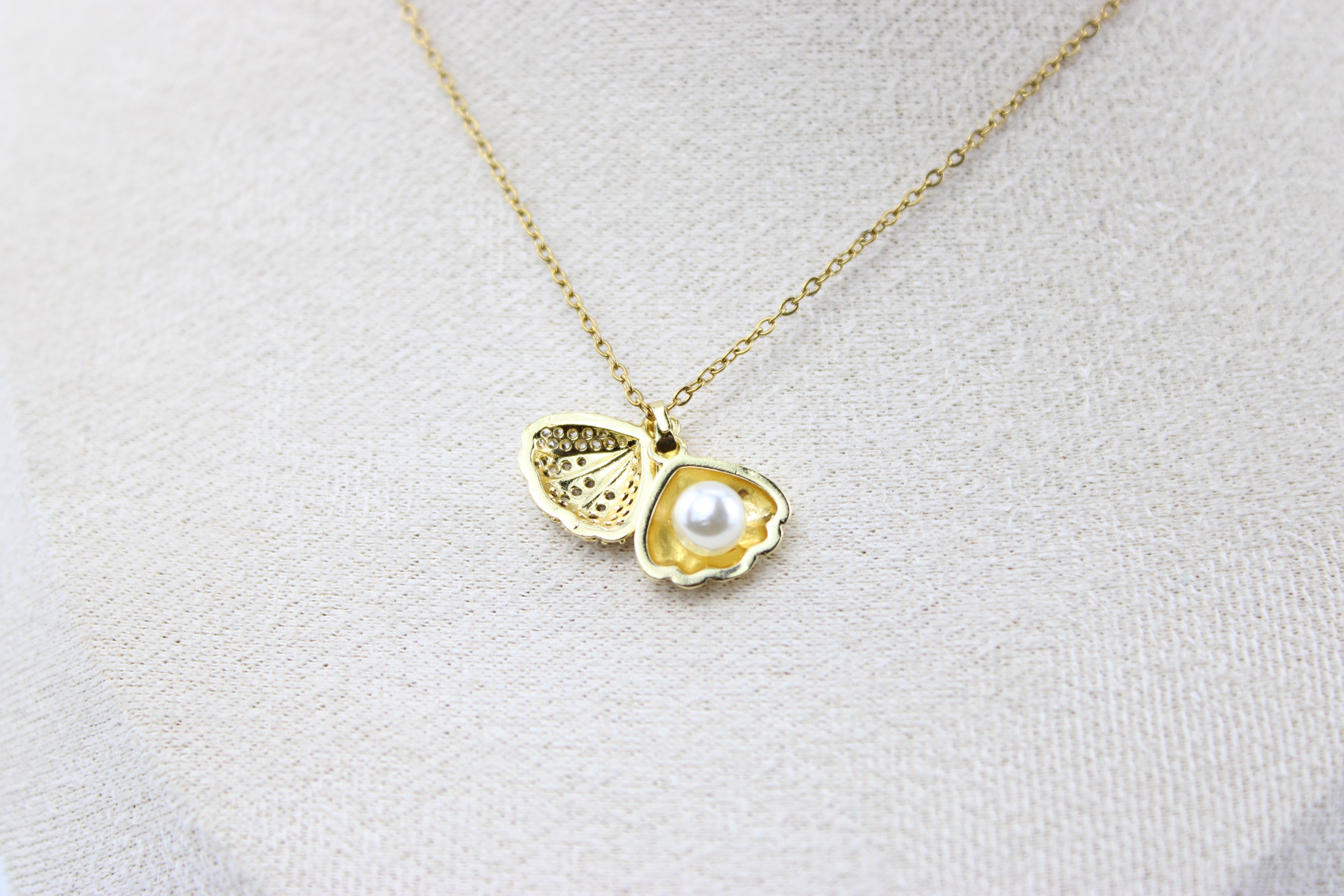 Golden Pearl Seashell Charm Necklace